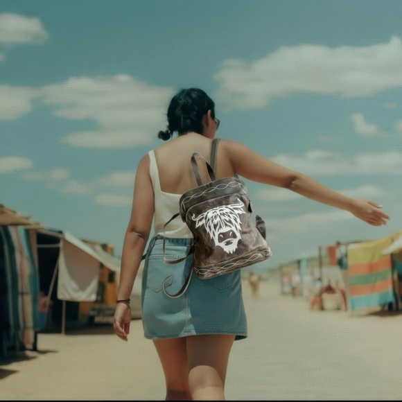 Rustic Highland Bull Genuine Crazy Horse Leather Small Backpack Bag Western Boho - Picture 11 of 13